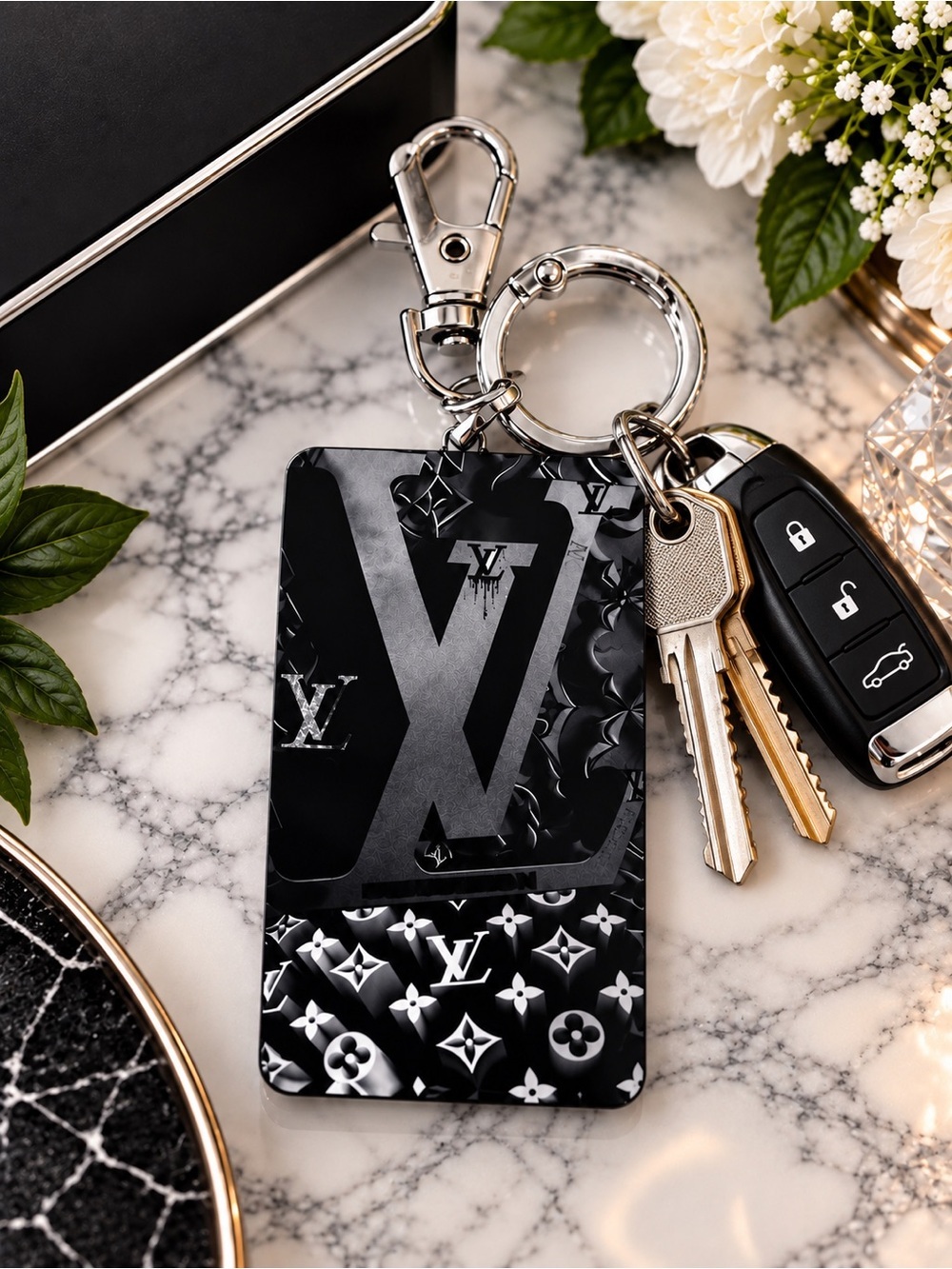 Handcrafted Black & Silver LV Style Bag Charm Keychain | Statement Keychain - Picture 2 of 3
